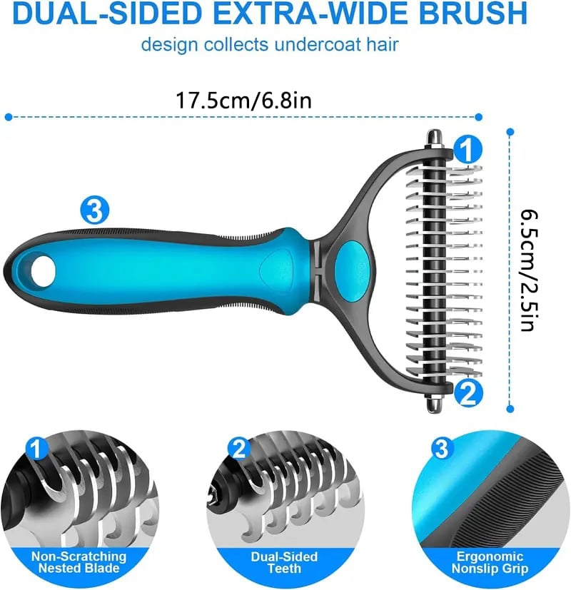 🐾Double-Sided Pet Grooming Brush – Hurtless Shedding & Dematting Undercoat Rake for Dogs and Cats