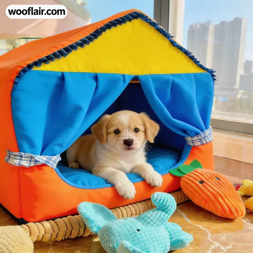 Wooflair® Cozy Puppy Tent Bed – Soft Indoor Dog House with Cushioned Base, Breathable Curtains & Secure Comfort Space